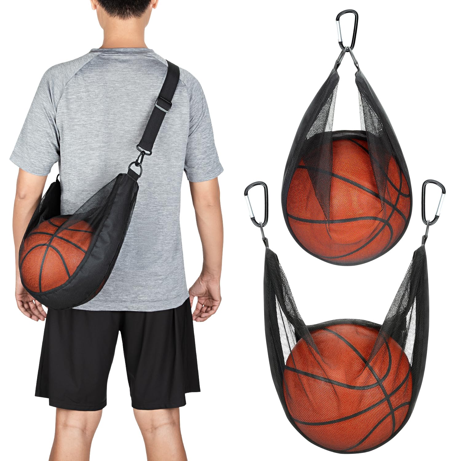 HEDUGO Single Ball Bag with Zipper Pocket Mesh Shoulder Bag with Buckle Clip Sport Equipment Storage Net for Carring Basketball Soccer Volleyball Rugby Also as Swim Beach Bag
