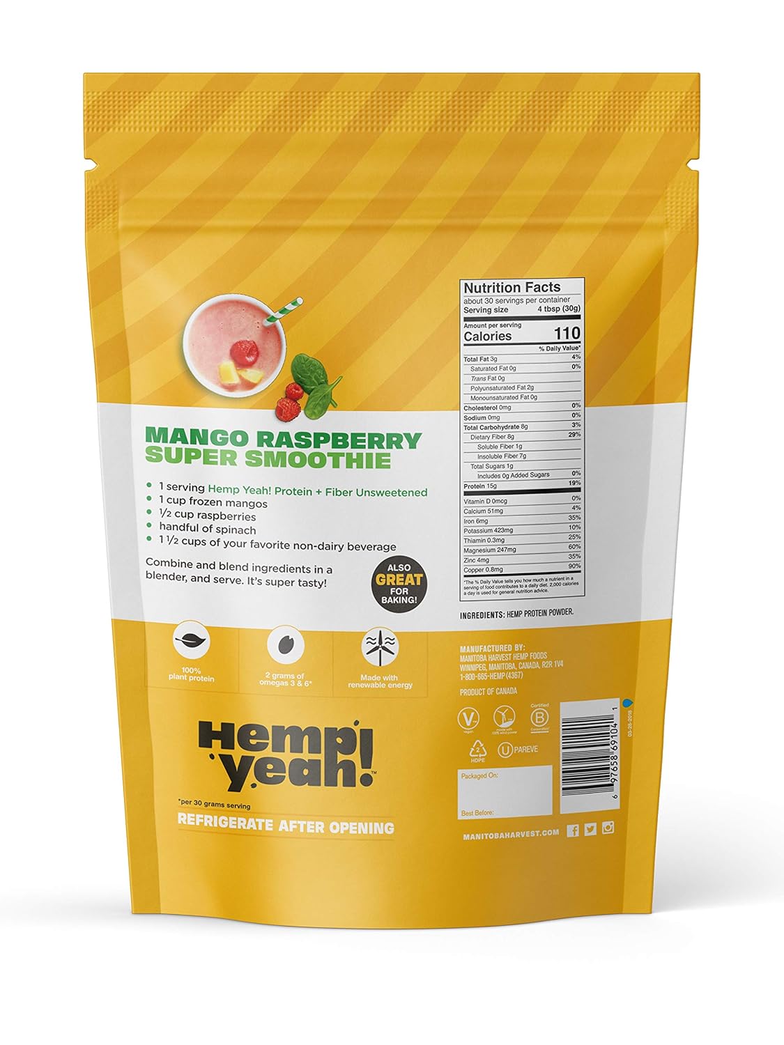 Manitoba Harvest Hemp Yeah! Balanced Protein + Fiber Powder, Unsweetened, 32oz, with 15g protein, 8g Fiber and 2g Omegas 3&6 per Serving, Keto-Friendly, Preservative Free, Non-GMO: Grocery & Gourmet Food
