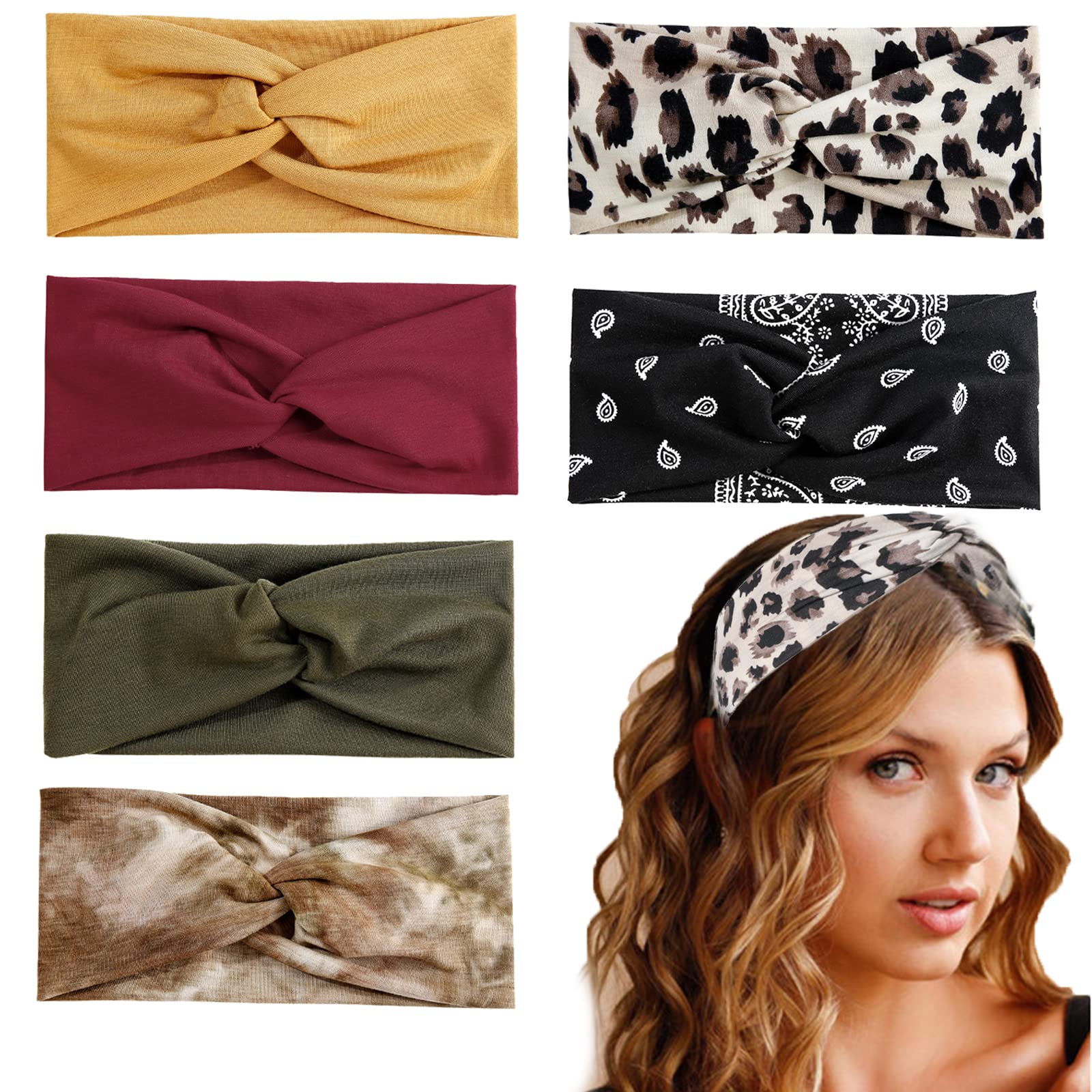 Zhenp Pack of 6 Wide Twisted Soft Headbands, Retro Soft Headwrap, Knot Hair Bands for Girls, Headband Elastic Flowers Printed, Elastic Twisted Knot Headband for Fitness, Running, Yoga