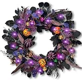 24 Inch Halloween Wreaths for Front Door with Lights, Pre-Lit Pumpkin Wreath, Spooky Ghost Wreath with Purple Glitter, Gold Berries & Ornaments, Halloween Decorations Indoor Outdoor Decor