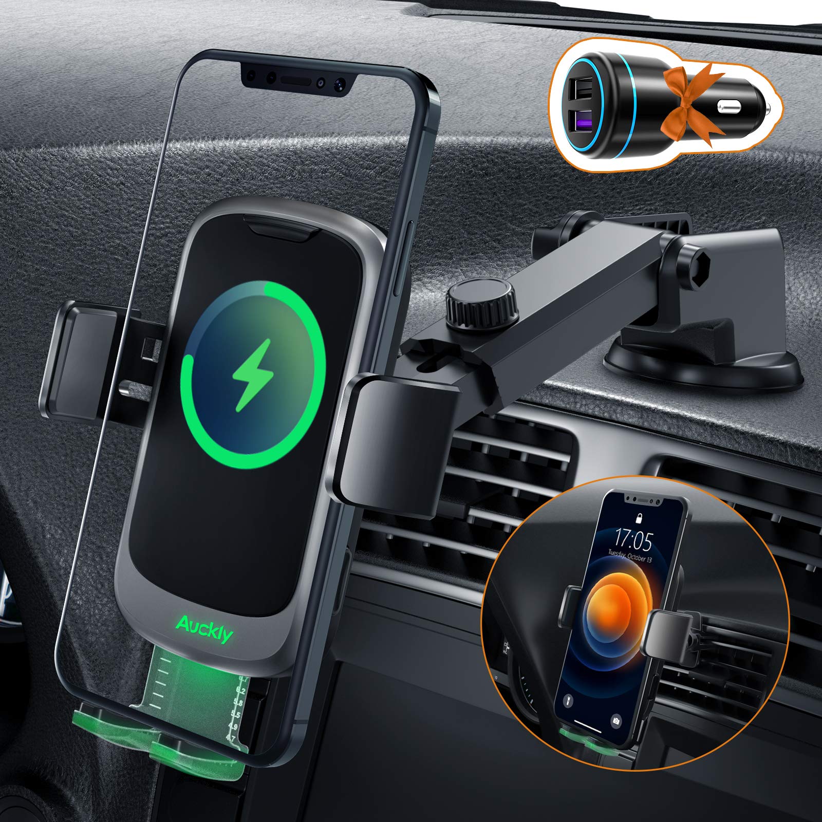 Auckly Qi 15W Car Phone Holder Wireless Charger,【Auto Clamping】,Wireless Car Charger Electric Sensor Mount Mobile Phone Holder for iPhone 15/14/13/12 Pro/Max/Mini/Plus Galazy S23/S22 + 【36W QC3.0】