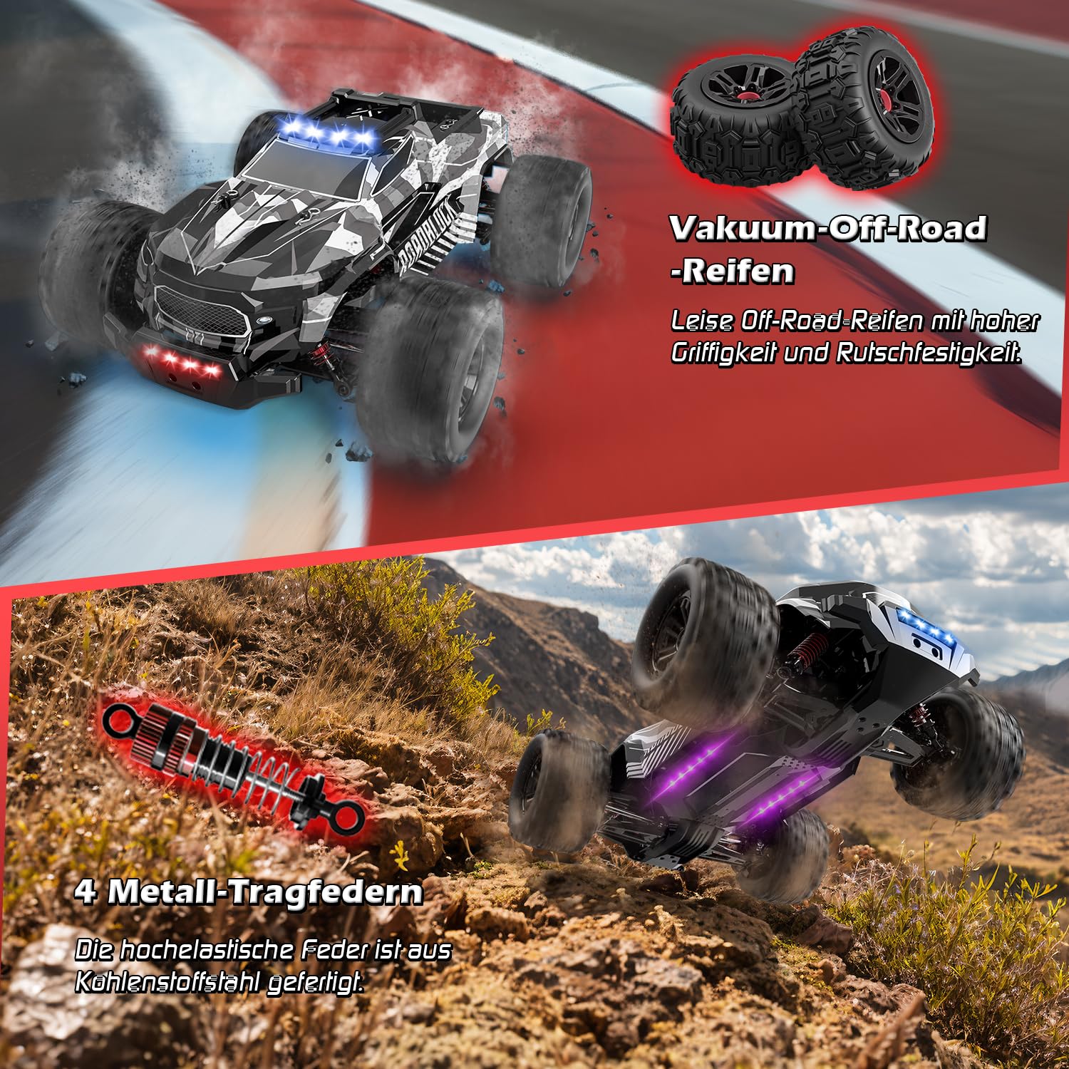 Ferngesteuertes Auto, 1/14 RC Auto mit 7 Farben Lichtern, 40KM/H Monstertruck Rc Truck, 2.4GHz Rc Auto Offroad mit Zwei Batterien, 4WD Wasserdichter RTR All Terrain, Rc Buggy für Kinder Erwachsene 4