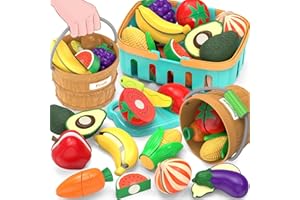 MOEAWS Sorting Play Food Sets - 2 Buckets with Handle, 1 Storage Basket, Fruit&Vegetable Cutting Food Toy, Pretend Fake Kids Kitchen Accessories for Preschool Learning,Birthday Gifts for Toddler Educational