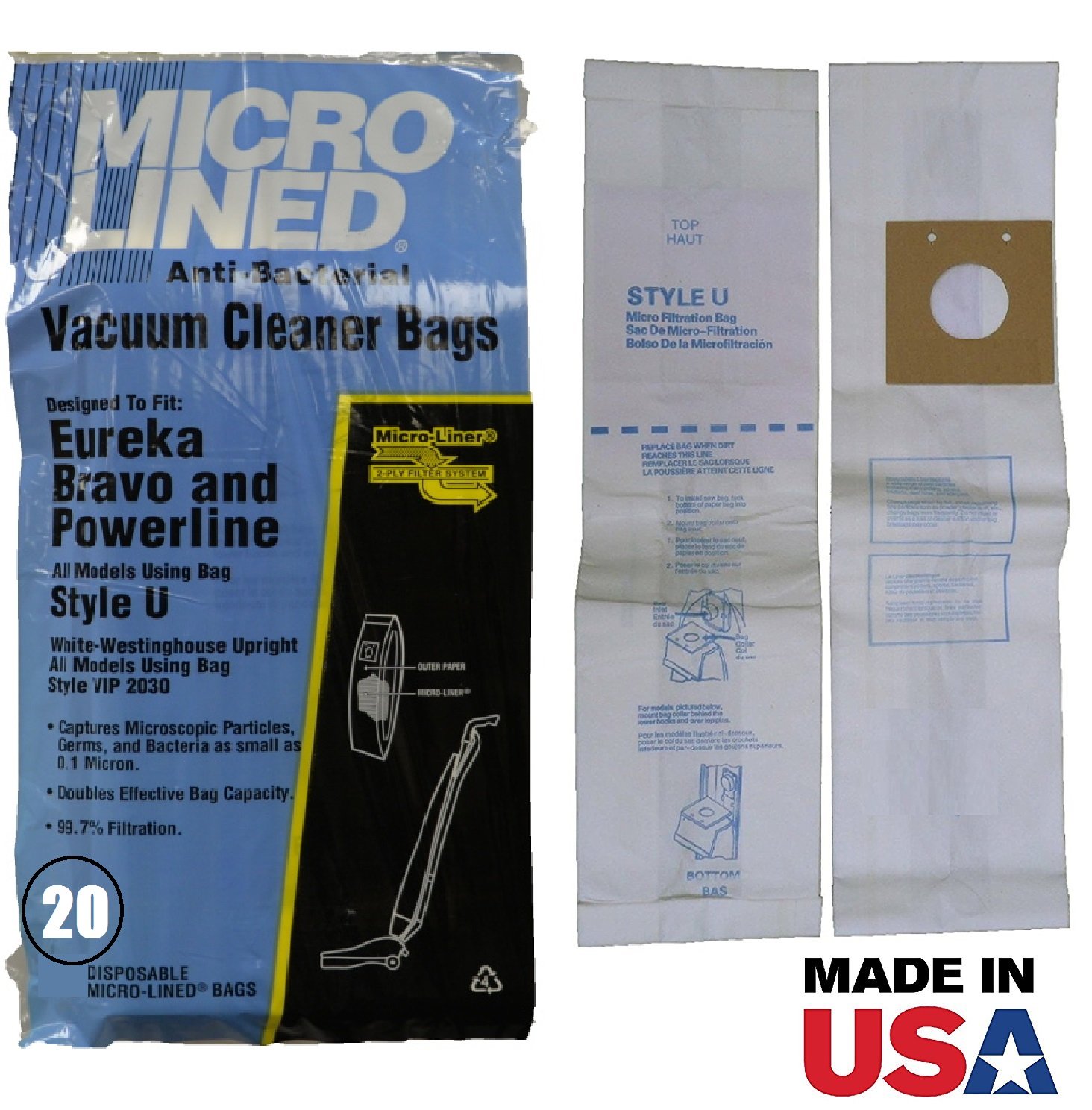 Eureka Style U Micro-Lined Allergen Vacuum Bags for Bravo Uprights, 16 Bags.