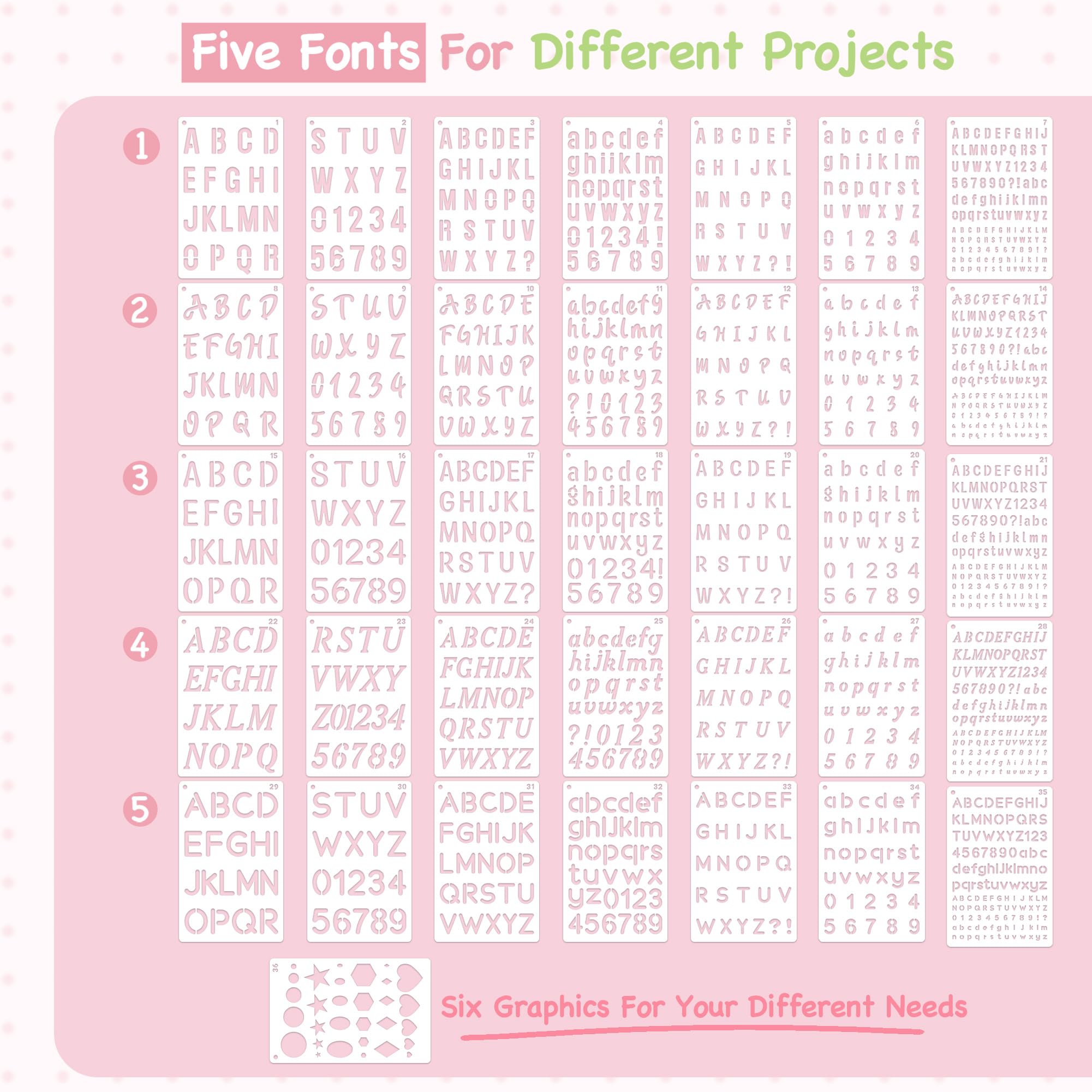 Reusable Small Letter Stencils for Painting, 36 Pcs (1/4, 1/2, 3/4, 1, 5/4 in.) Plastic Templates with Number & Alphabet - DIY Crafts