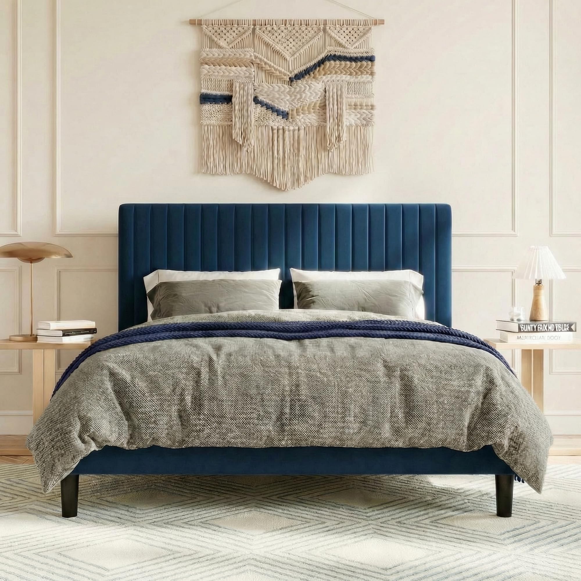 SHA CERLIN Queen Upholstered Platform Bed Frame with Vertical Channel Tufted Velvet Fabric Adjustable Headboard, Wooden Slats Support, Mattress Foundation, Box Spring Optional, Blue Image