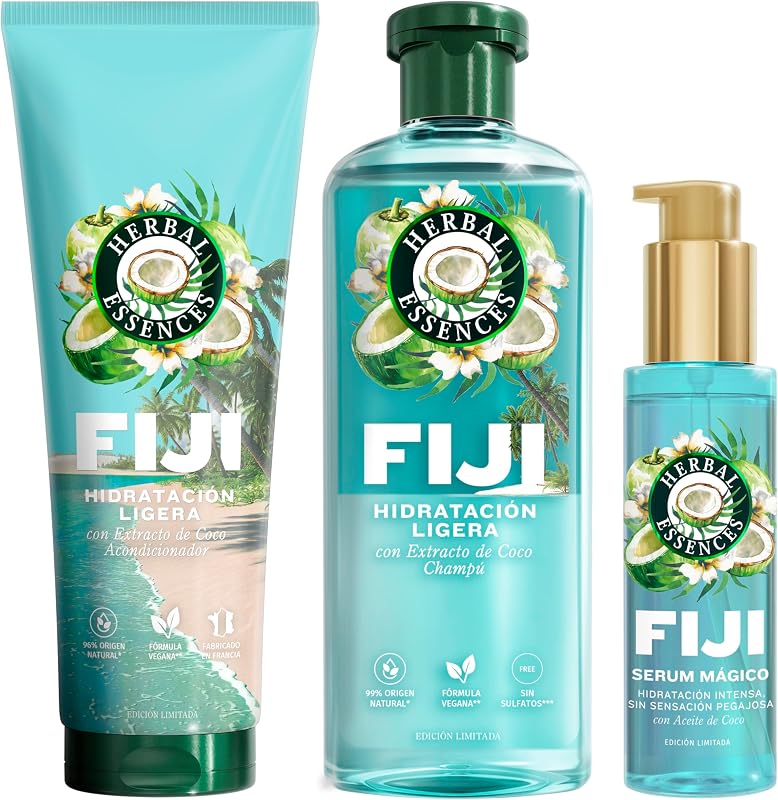 Champô Fiji 350ml, amaciador 250ml e Magic Serum sem enxaguamento 95ml de hidratação leve. Com extrato de coco. Para cabelo macio e sedoso