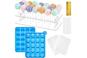KUCOELE Cake Pop Maker Kit, 21 Hole Clear Acrylic Lollipop Display Stand with 20 Cavity Silicone Cake Pop Mold, 100 Pcs Sticks Treats Bags and Twist Ties for Lollipop and Cake Pop (Blue)