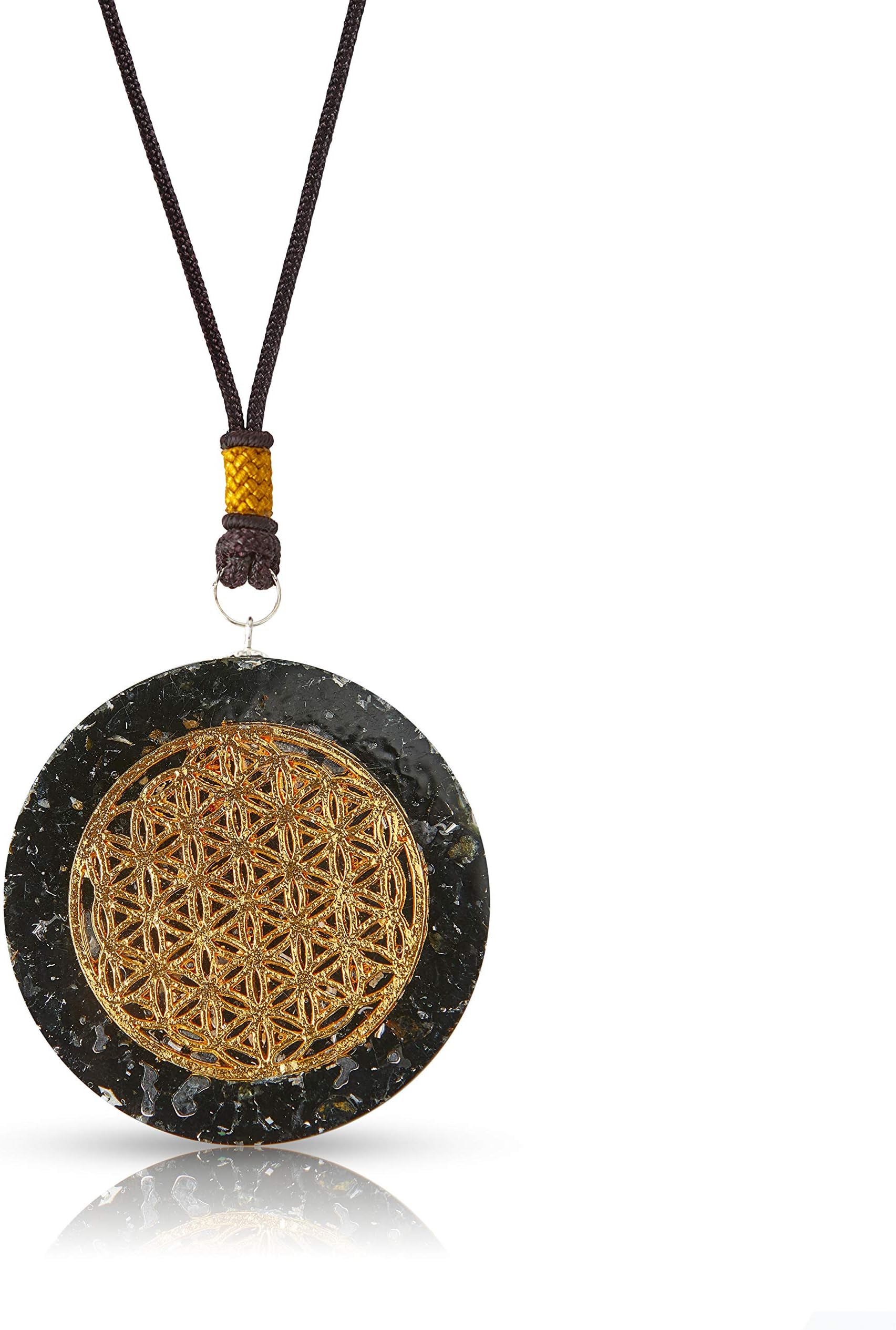 Orgone Pendant Necklace | Black Tourmaline Flower of Life | Reiki Merkaba | SSB Coil | 2 Inch Diameter with Adjustable Neck Cord (Black Box)