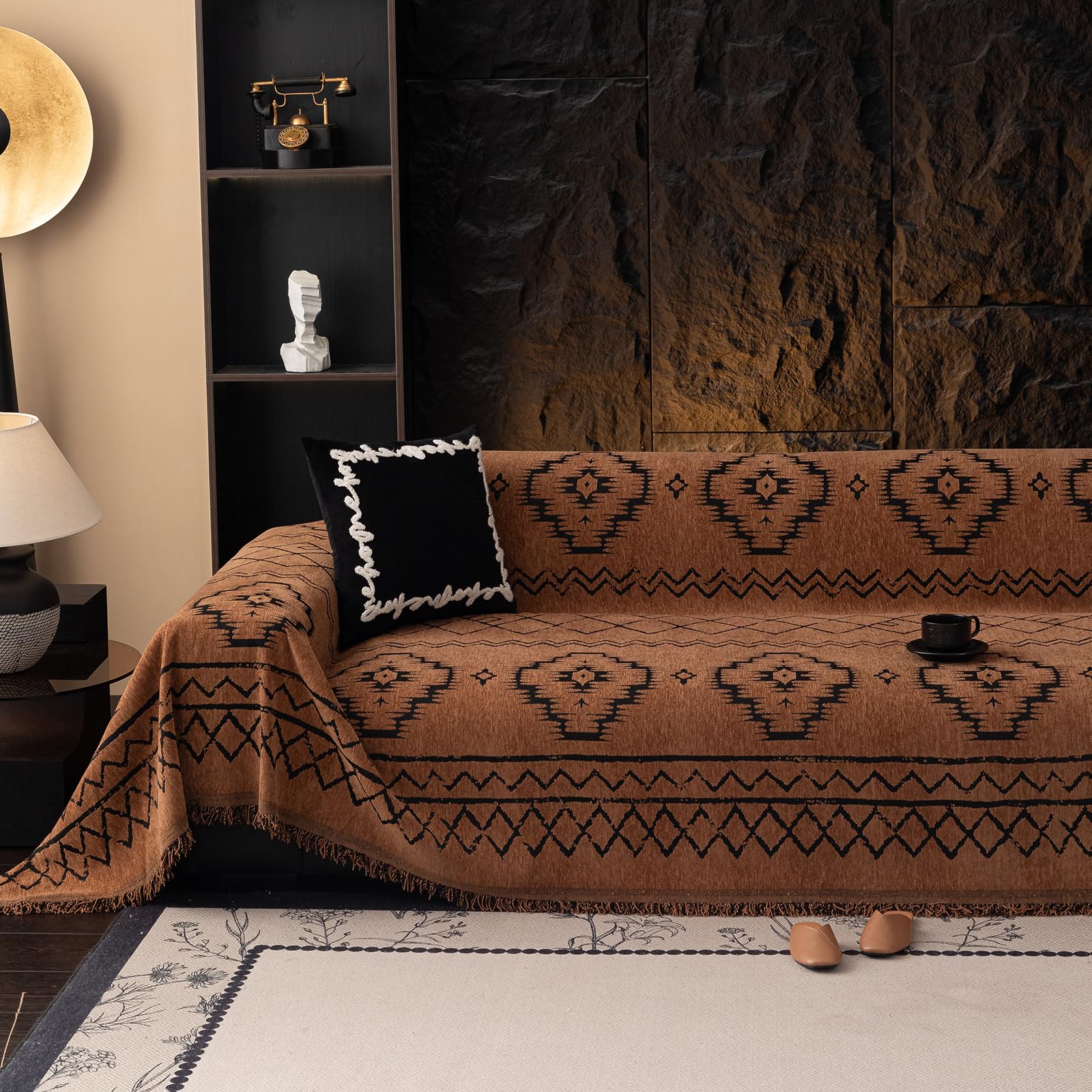 VClife Bohemian Sofa Covers Chenille Couch Cover for Sectional Couch, Soft Non Slip Couch Covers for 3 Cushion Sofa Breathable Sofa Furniture Protector Slip Cover for Couch, Pumpkin, 71"X150"