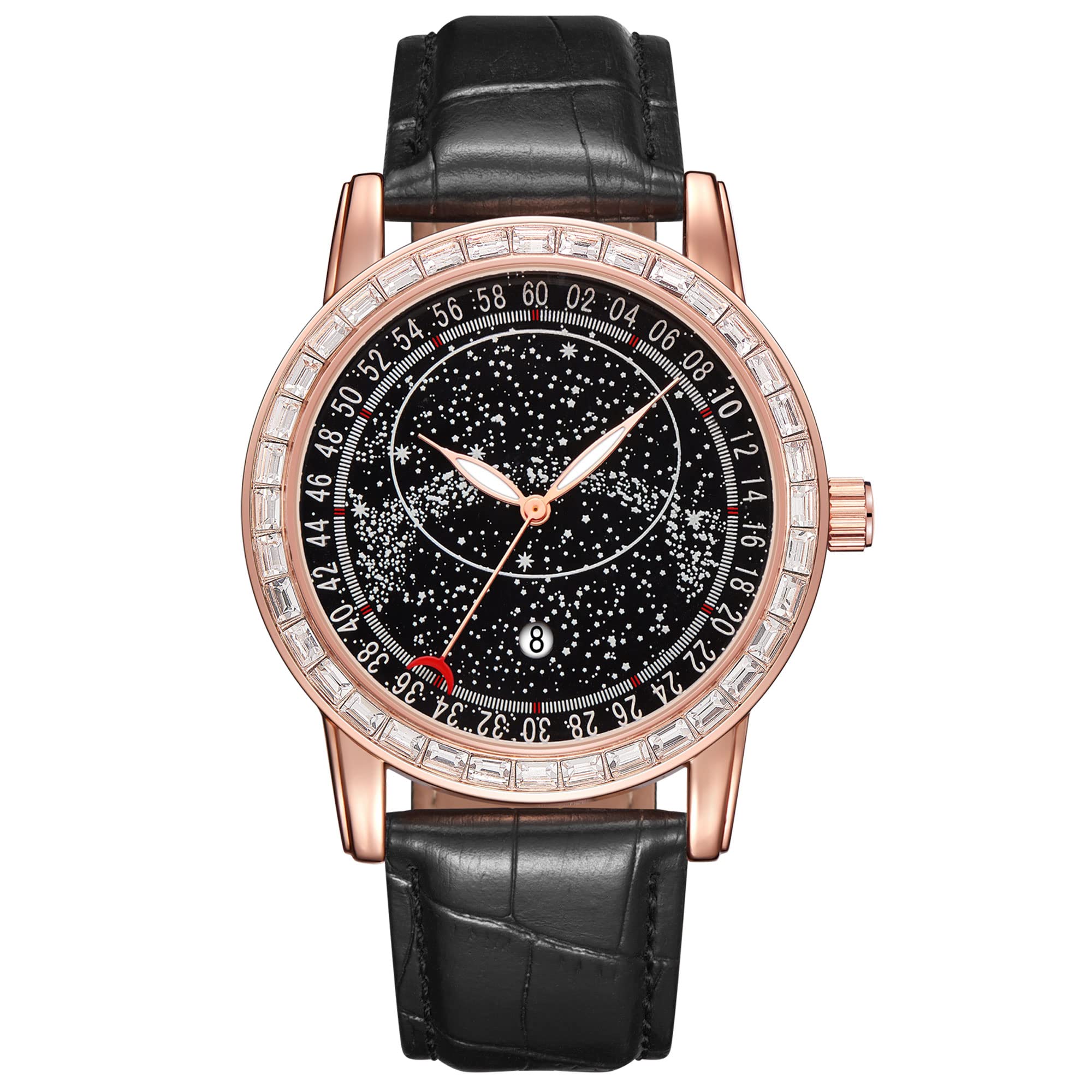 DROCUAMGOYA Men Fashion Watch Starry Dial Rose Gold Baguette Diamond Quartz Wrist Watch for Men Waterproof Leather Strap Analog Watches (Rose Gold)
