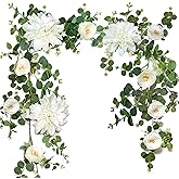 Artificial Flower Garlands, Rose Flower Vine, Artificial Eucalyptus Garland with Flowers, 6' Floral Garland for Wedding Decor Home Table Runner Mantle (White)