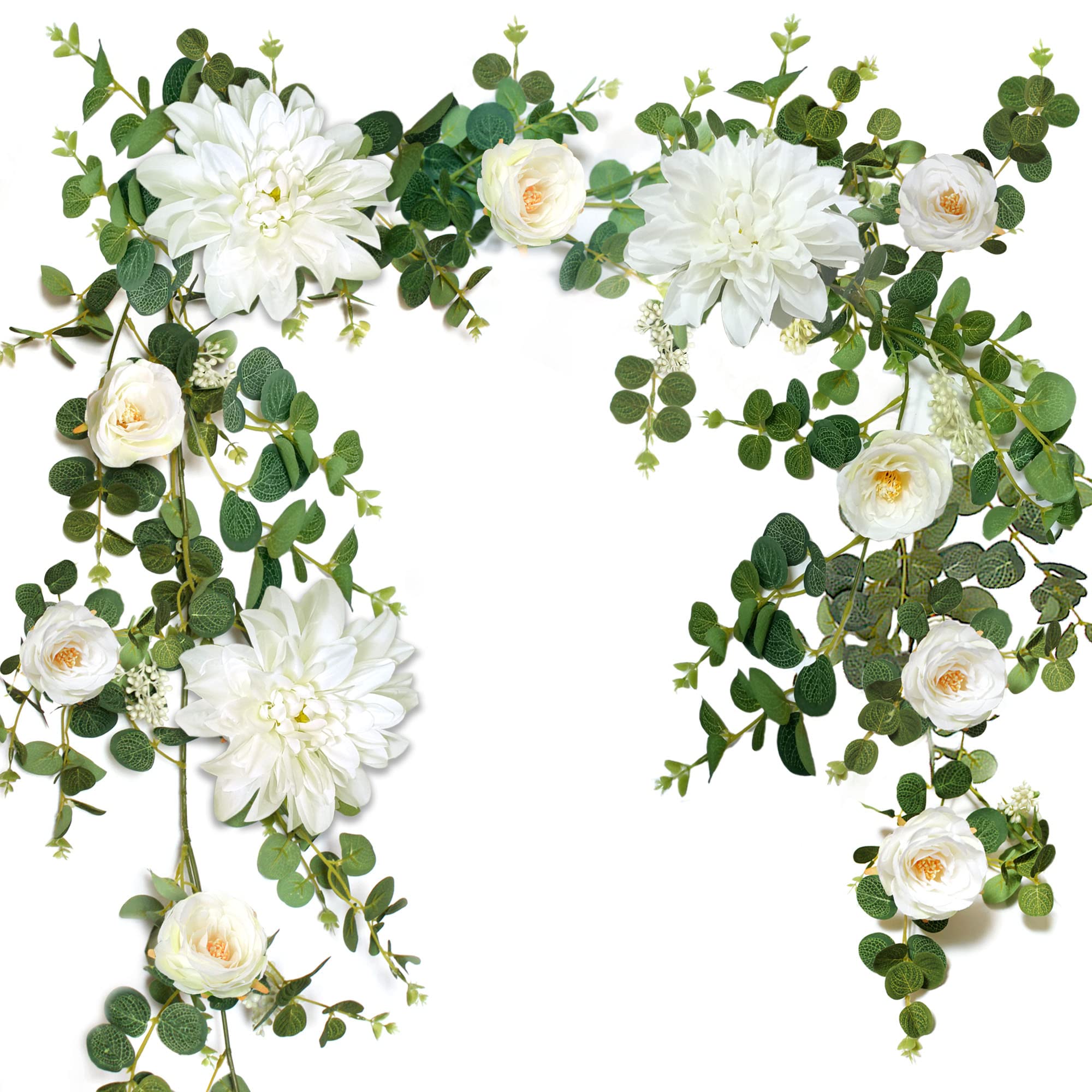 OrgMemory White Flower Garland, Eucalyptus Garland, Artificial Vine For Wedding Door Decoration Wall Hanging Plant Table Runner Mantle Decoration(Camellia Dahlias)