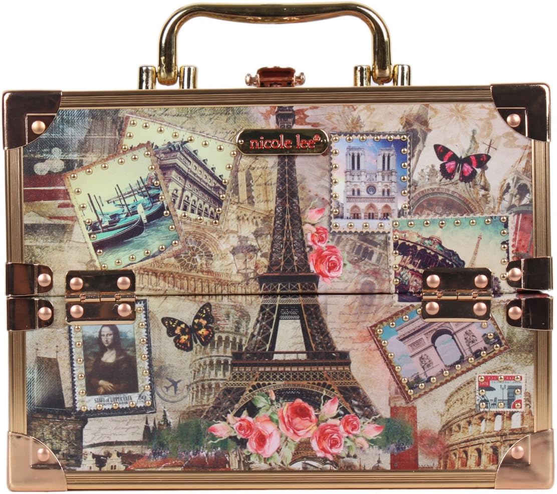 Portable Makeup Storage Box Case With Stylish [Vintage European Stamp] Print With 4 Slide Trays To Organize