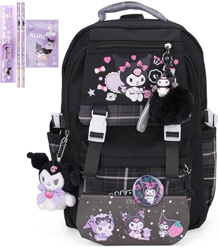 AI ACCESSORY INNOVATIONS Sanrio's Kuromi 4 Piece Backpack Set, Hello Kitty Kawaii Flip Sequin Girls School Bag with Front Zip Pocket, 2 Side Mesh Pockets, Black & Purple : Clothing, Shoes