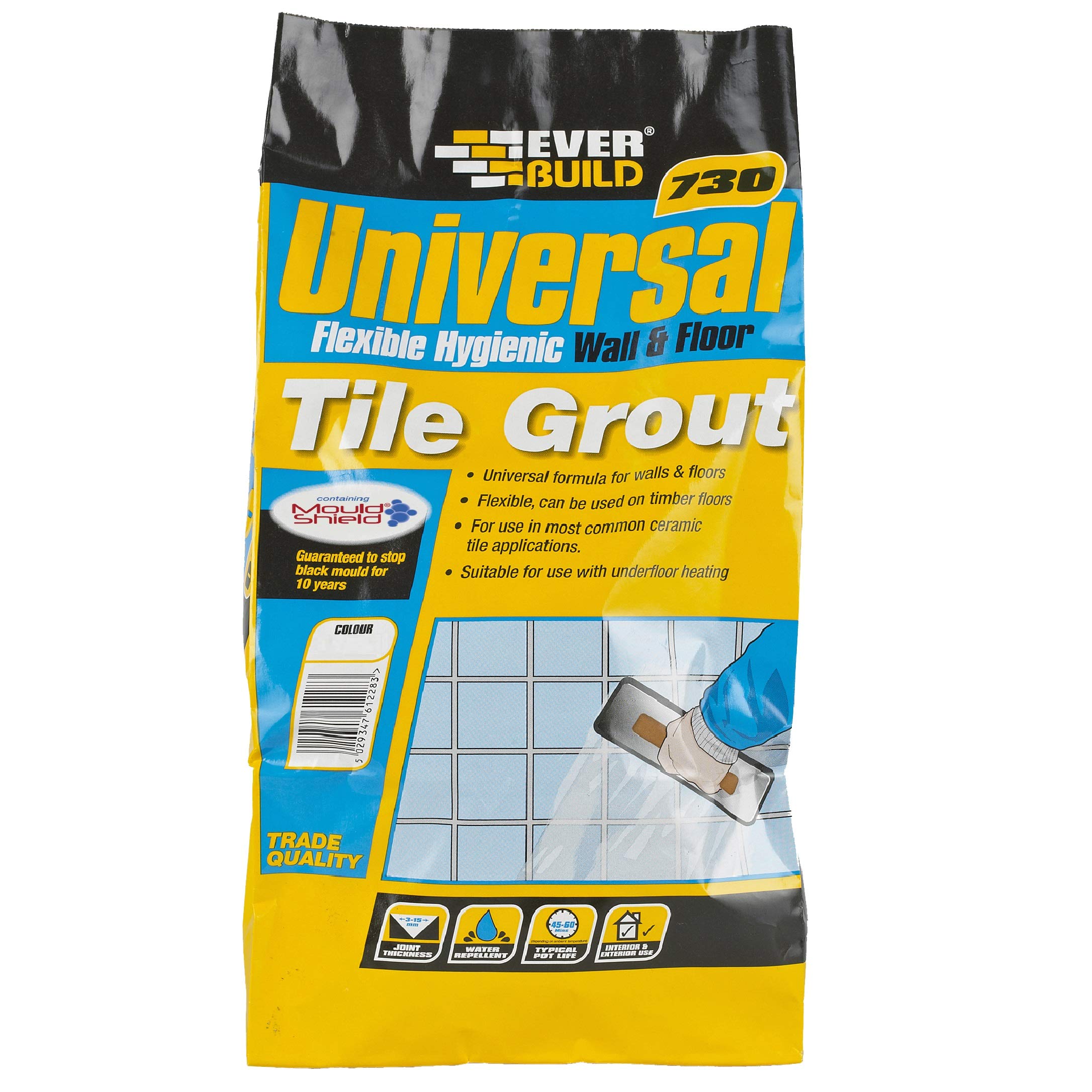 Everbuild 730 Universal Flexible Hygienic Wall and Floor Tile Grout – For Use With Joints Up to 15mm wide – Ivory – 5kg