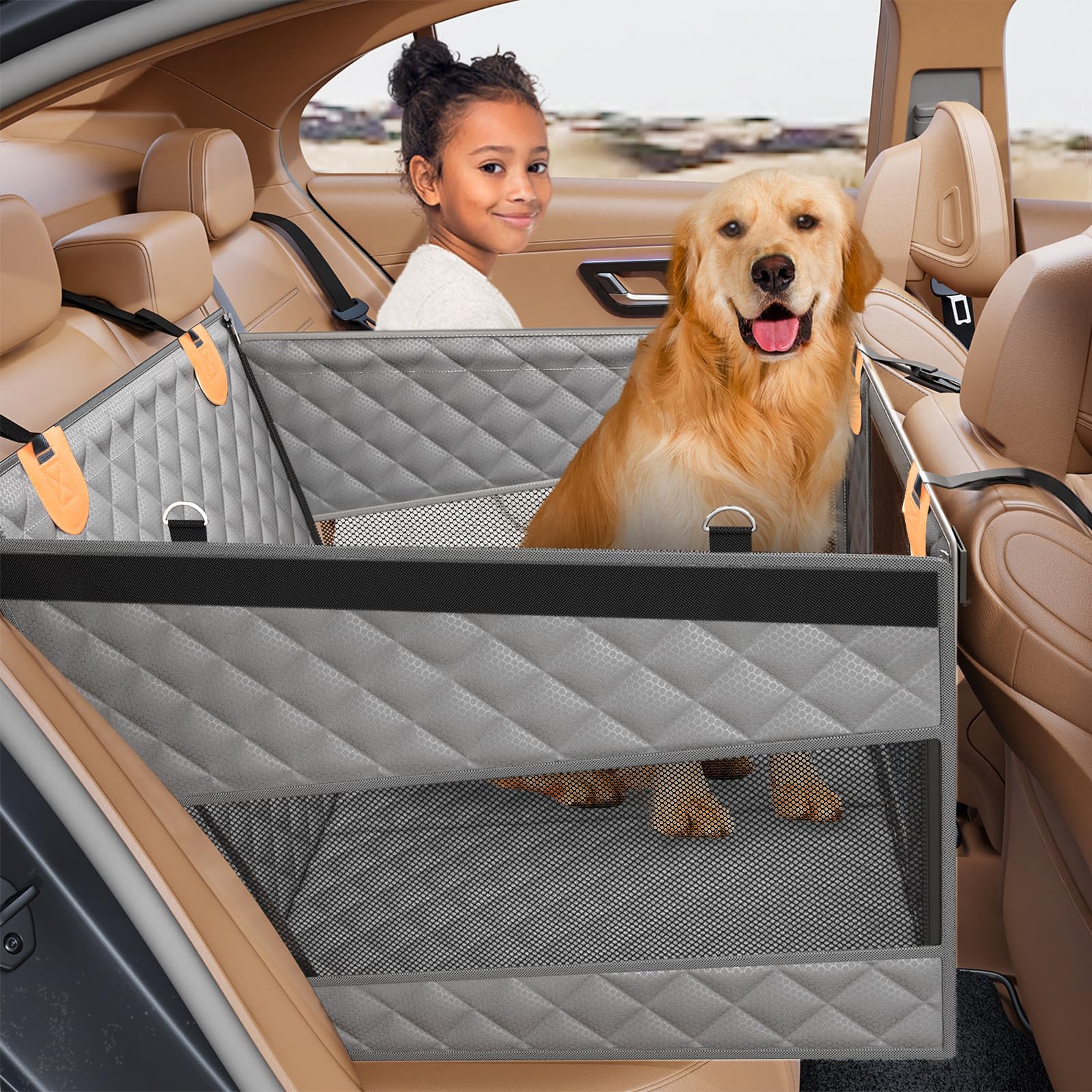 Photo 1 of PETICON Large Dog Car Seat, Back Seat Extender for Dogs with 3 Mesh Windows, Waterproof Medium Carseat for Dogs with Hard Bottom, Pet Seat Cover for Cars, Trucks and SUVs (Gray)