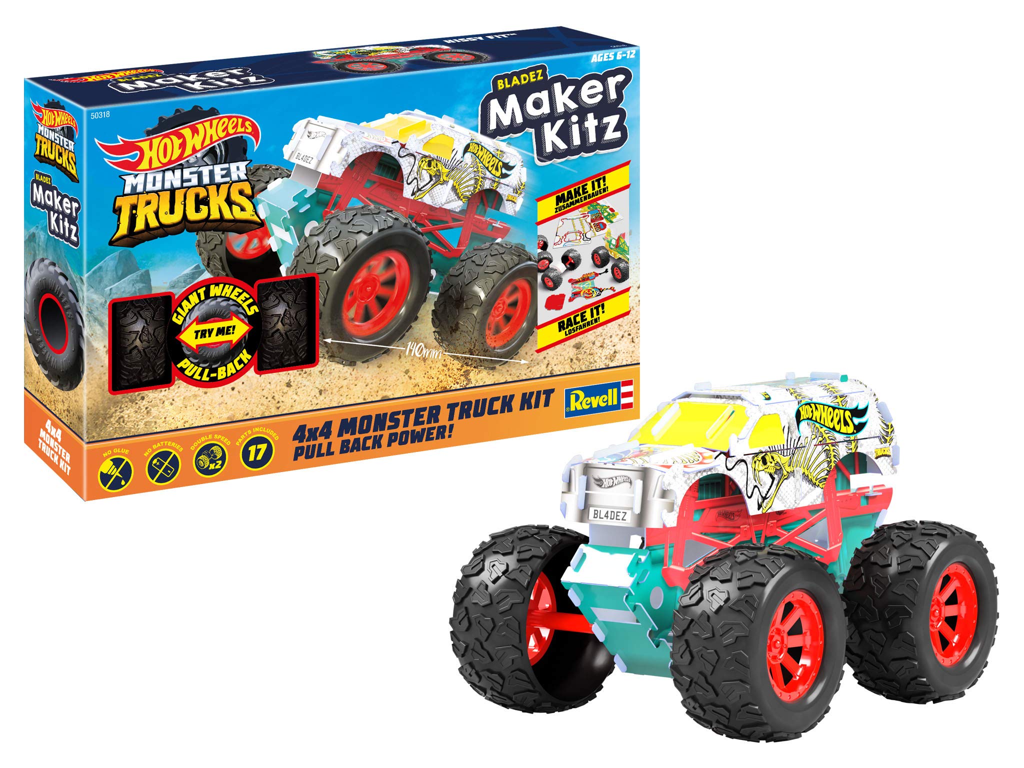 Revell 50318 Monster Truck Hissy Fit, Toy Car 1:32 with Jump Tail, Hot Wheels Maker, Fawn Assembly and Ride, with Pullback Motor (Pull Back), White/Yellow