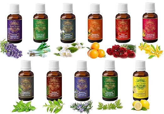 Exotic Aromas Lavender, Lemongrass, Jasmine, Mandarin, Rose, Ylang ylang, Peppermint, Tea Tree, Rosemary, Citronella & Lemon Essential oil, Pure and Organic, 15 ml (Pack of 11)