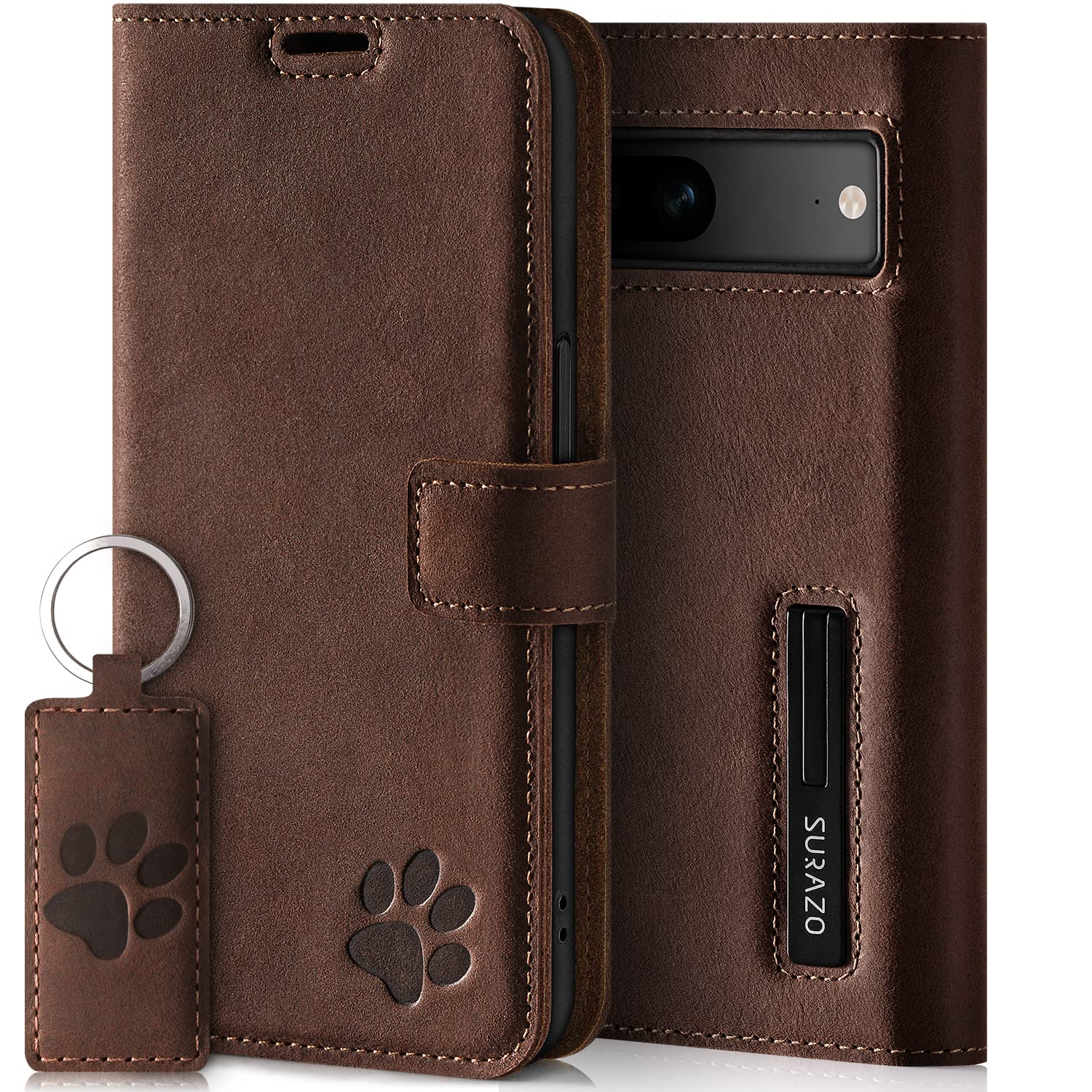 SURAZO Leather Wallet Mobile Phone Case Compatible with Google Pixel 7a - Flip & Fold Smartphone Case with Stand, RFID Blocker, Magnet Closure, 3 Slots for Bank Cards - Handcrafted European Leather