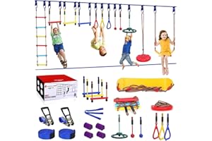 GENTLE BOOMS SPORTS 2x65 FT Ninja Warrior Obstacle Course for Kids with 13 Ninja Accessories - 600lbs Weight Capacity, Slackline with Swing Seat, Disc Swing, Ninja Wheel, Rope Ladder, Monkey Bar, Ninja Ring, Arm Trainer