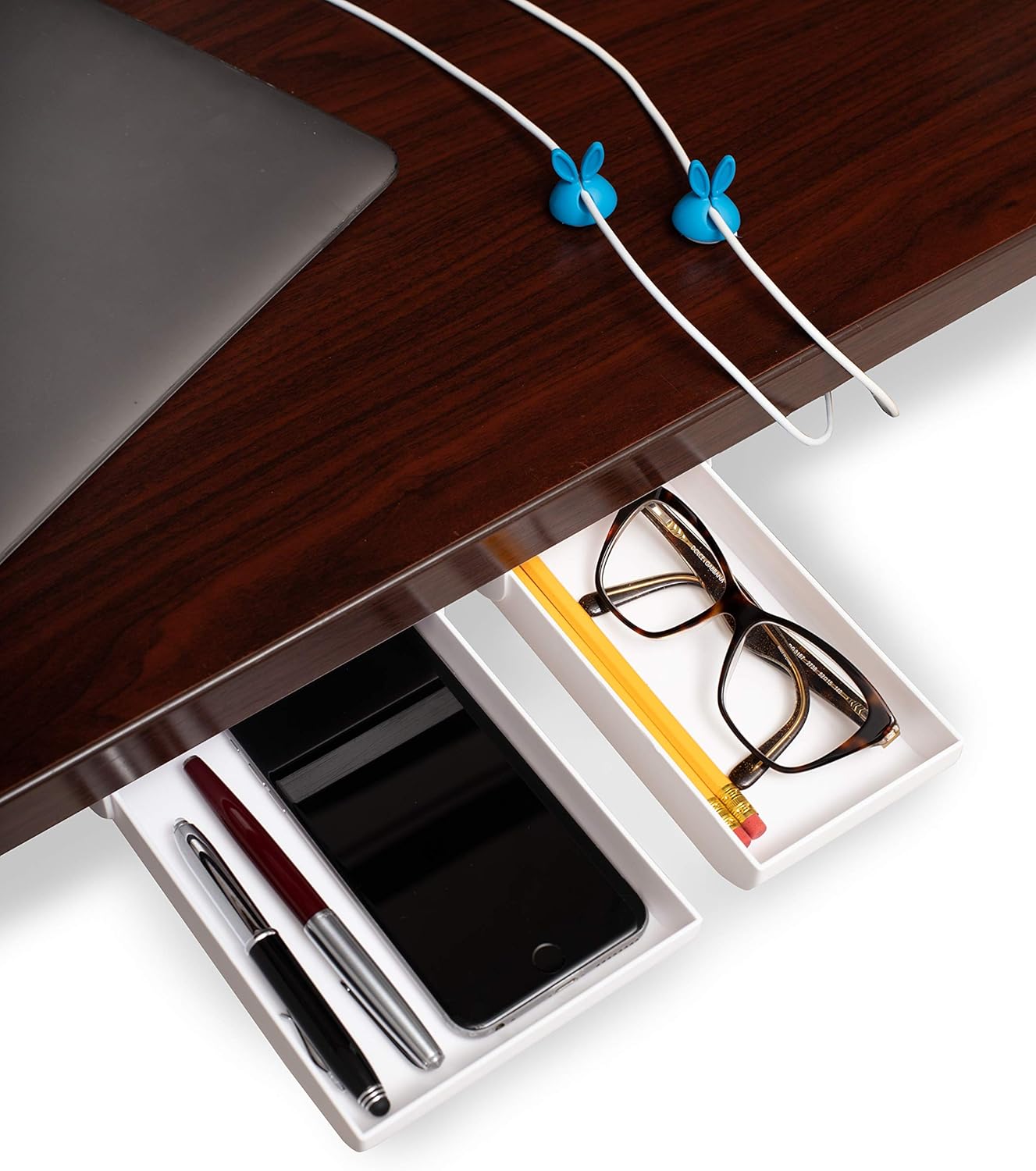 2-Pack White Large/Small Under Desk Drawer & 2-Pack Blue Cable Clips, Pencil Tray Under Desk Storage Hidden Adhesive Drawer Desk Accessories Office Organizer Good for Workspace, Home and Kids