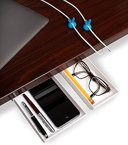 2-Pack White Large/Small Under Desk Drawer & 2-Pack Blue Cable Clips, Pencil Tray Under Desk Storage Hidden Adhesive Drawer Desk Accessories Office Organizer Good for Workspace, Home and Kids