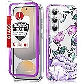 LeYi for Samsung Galaxy S24-FE Case [𝗡𝗼𝘁 𝗙𝗶𝘁 𝗦𝟮𝟰 𝟱𝗚]: with Screen Protector, Cute Girly Flower Floral Dual Layer Protective Shockproof Samsung S24FE Phone Case Cover for Women Girl, Purple
