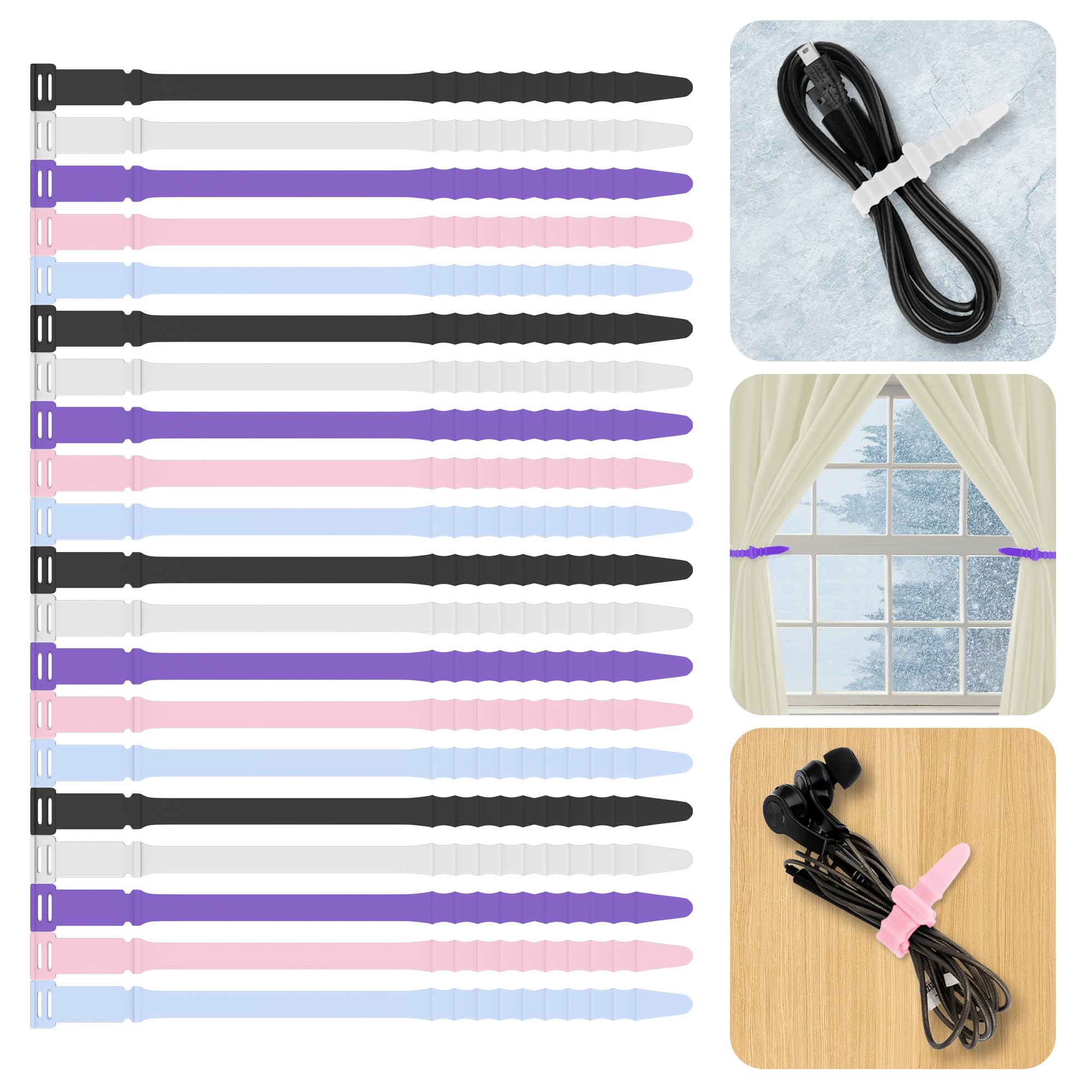 Reusable Silicone Zip Ties Cord Organizer, 20pcs Rubber Reusable Zip Ties Straps for Wire Management, 7" Elastic Cable Organizer for Home Office Cord Ties(18cm, 20pcs, Multicolor - Coolcolors)