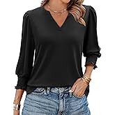 Uhiger Tunic Tops for Women 3/4 Length Sleeve Womens Tops V Neck Blouses Shirts Dressy Casual with Smocked Cuffs