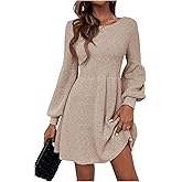 SOLY HUX Women's Lantern Long Sleeve Mini Dress Crew Neck High Waisted Elegant Knit Sweater Dress