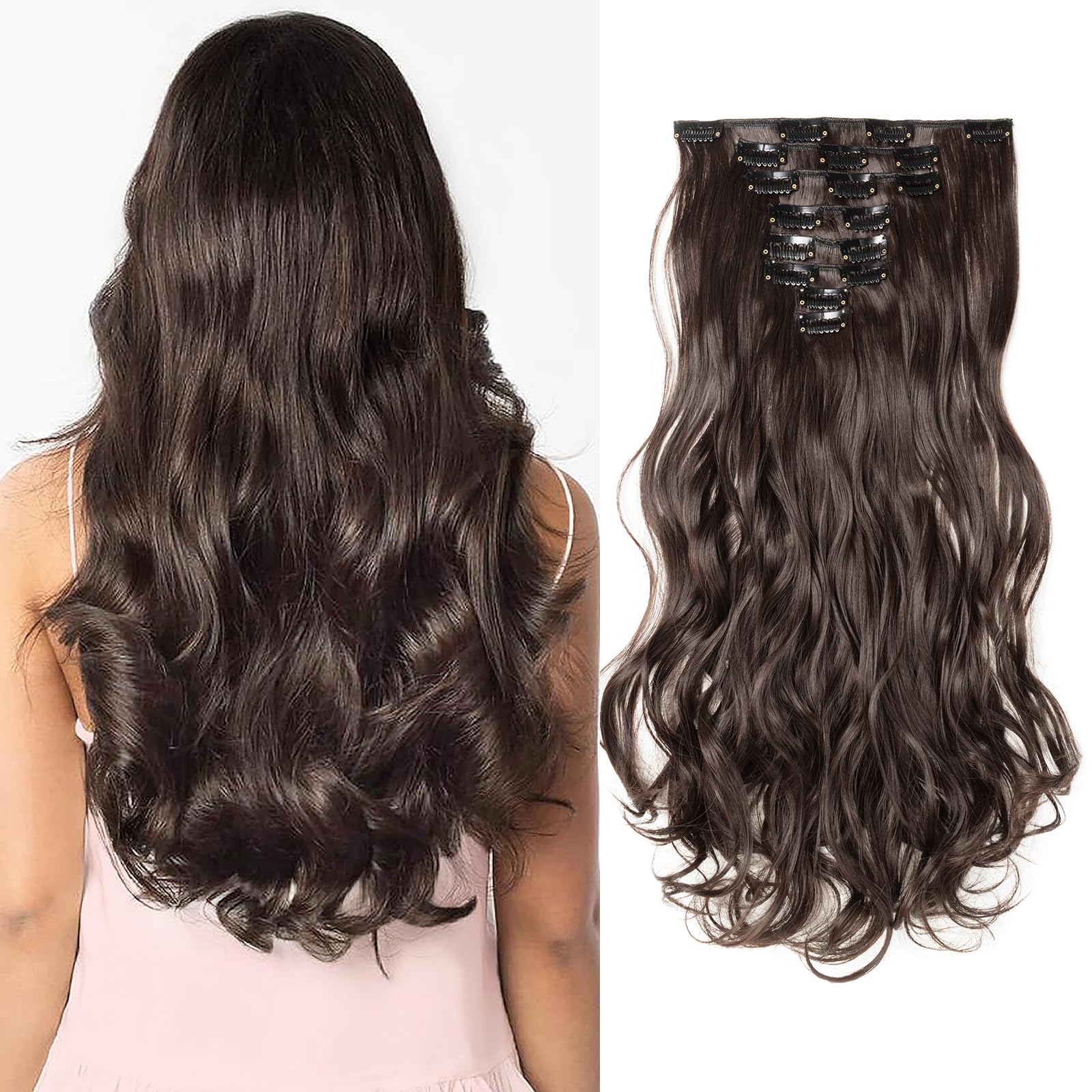 SEGOHAIR Hair Extensions Clip in 8Pcs 18 Clips Synthetic Fiber Seamless 17" Long Curl Full Head -Dark Brown — image 1