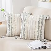 decorUhome Decorative Boho Throw Pillow Covers 18x18 Set of 2, Accent Neutral Textured Tufted Pillow Covers Striped for Couch Bed Sofa Living Room, Light Grey and Cream White
