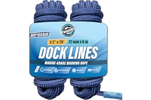 WAVESRX Premium Nylon Boat Dock Lines & Ropes for Docking & Pontoon | Double Braided Marine Rope | Boat Ropes for Docking with Loop | UV & Saltwater Resistant Dock Rope (Deep Sea Blue, 1/2” x 20’)