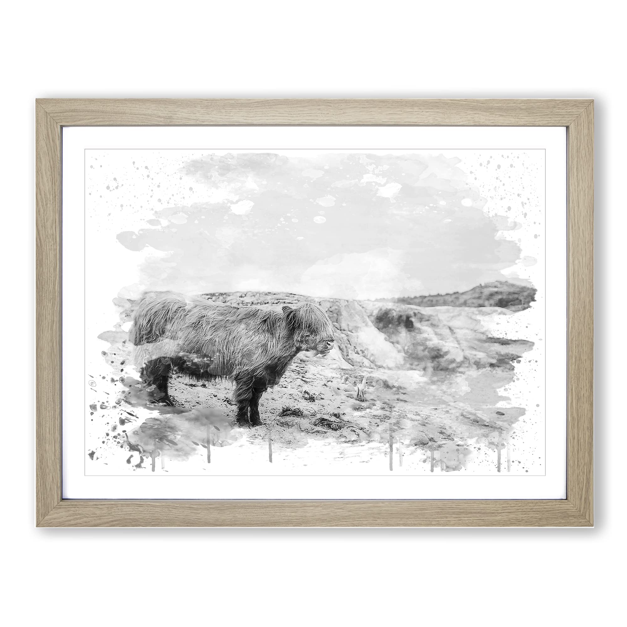 Highland Cow Landscape V4 Modern Framed Print | A4 Oak Framed Wall Art | Ready to Hang | Modern Animal Picture | Living Room Bedroom Lounge Office