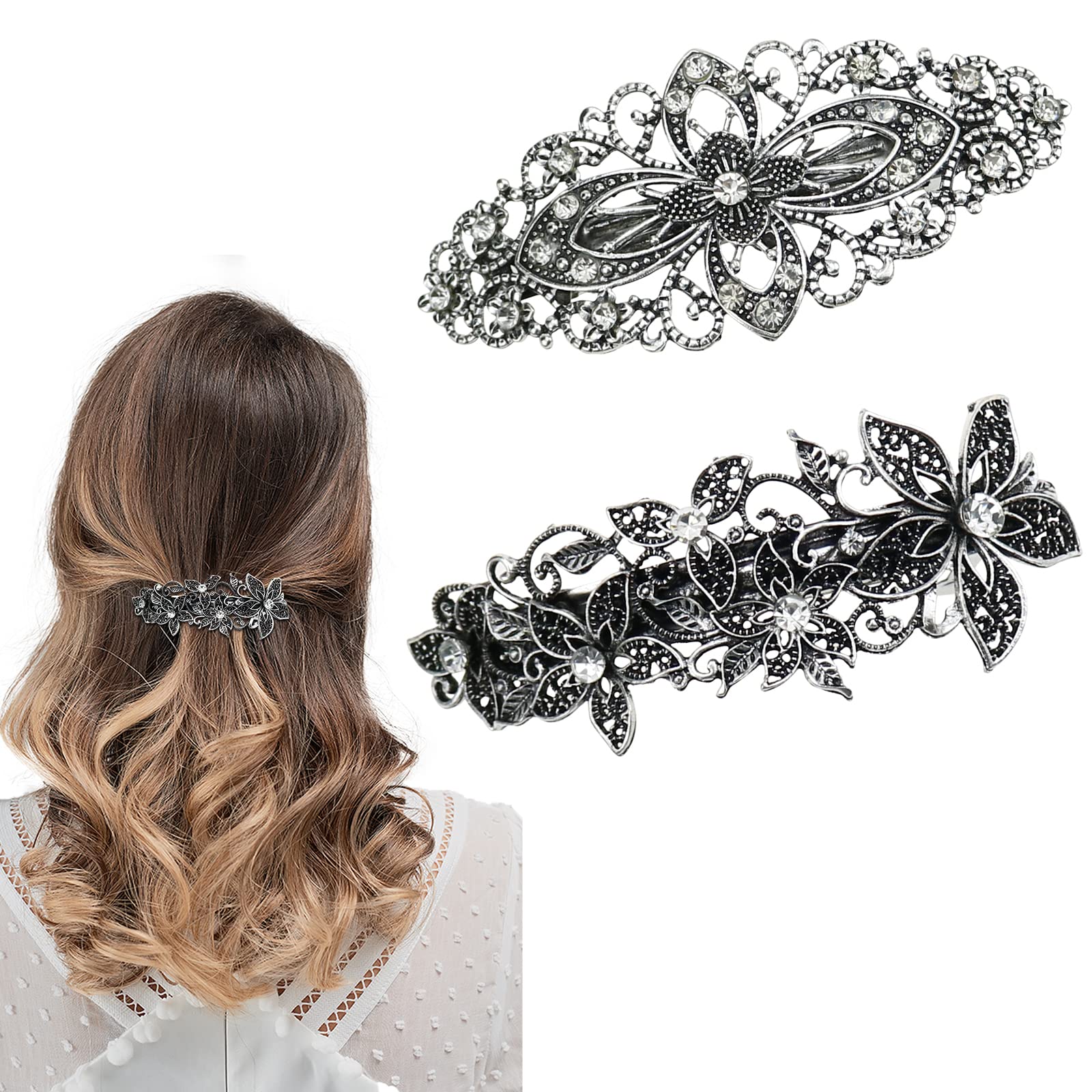 DonLeeving 2 Pcs Vintage Silver Leafy Barrette Antique Filigree Flower Crystal Barrette Metal Retro French Hair Clips For Women Girl