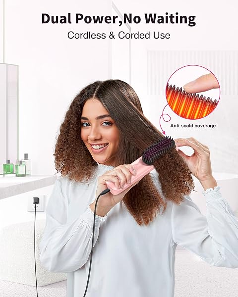 CORDLESS HAIR STRAIGHTENER BRUSH – PORTABLE HAIR STRAIGHTENING BRUSH FOR TRAVEL – 300M NEGATIVE IONS FOR FRIZZ-FREE SHINE, TOUCH UP ON-THE-GO, FAST HEATING, GIFT FOR WOMEN, 10,000MAH, POWDER PINK