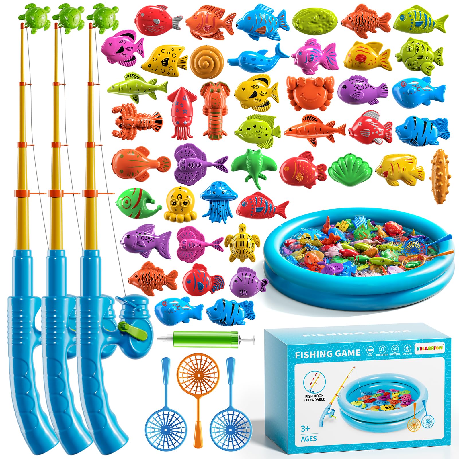 Magnetic Fishing Pool Toys Game for Kids Toddlers 3-5 4-8, Fishing Water Table Bathtub Toy with Inflatable Pool Pole Rod Net Plastic Floating Fish, Water Bath Pool Outdoor Toys for Kids Toddlers Baby