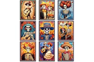 Adduster Day of The Dead Poster - 9 Piece Day of the Dead Decorations Sugar Skull Wall Art Sugar Skull Art Print for Mexico Day Day of the Dead Halloween Wall Decor Living Room Decor