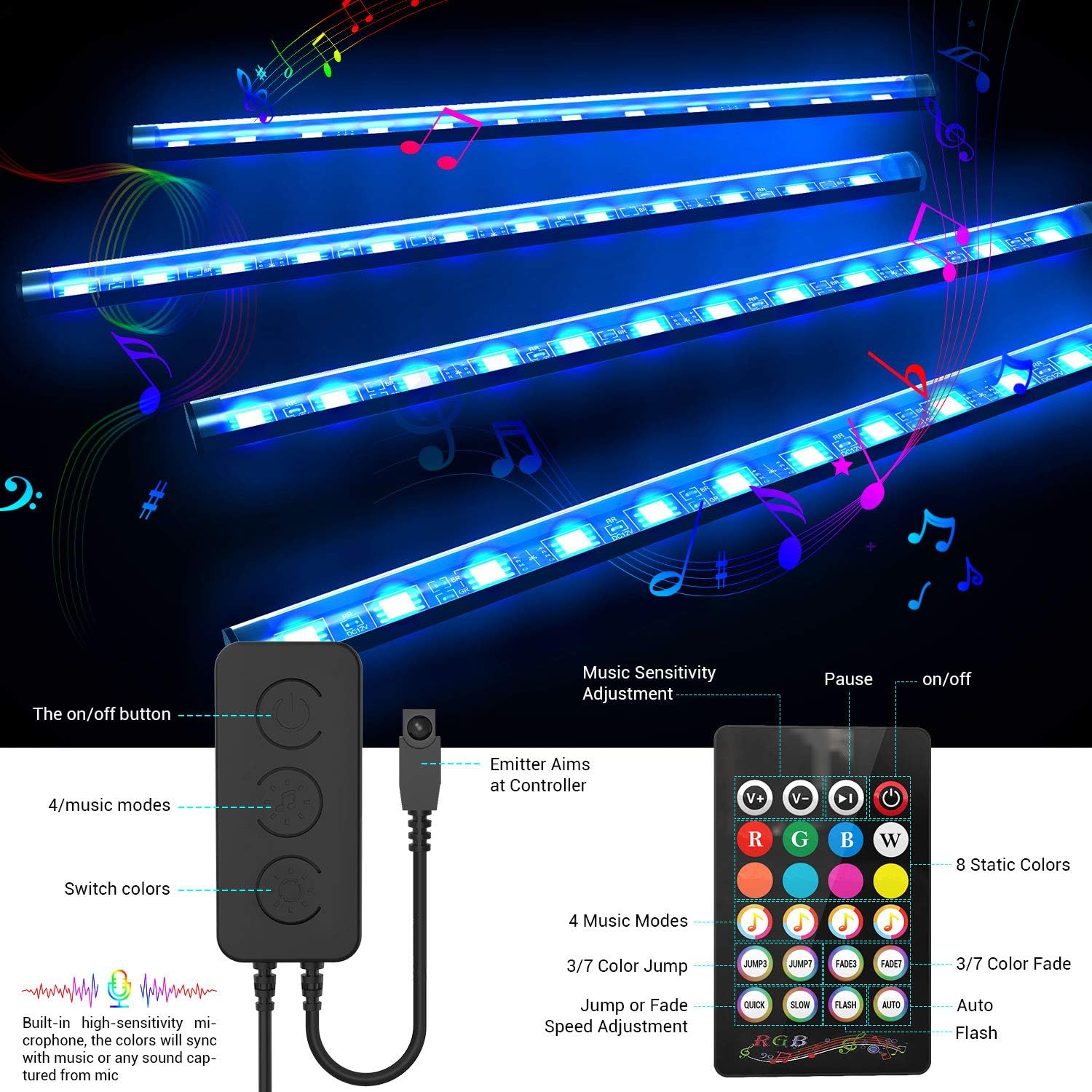 WEISIJI Car LED Strip Light,APP Controller Car Interior Lights,4Pcs 48 LEDs Lighting Kits, Multi DIY Color Music Under Dash Car Lighting with Car Charger, DC 12V: Automotive