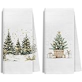 IWGDNJS Rustic Winter Christmas Tree Kitchen Towels Decorative, Green and Gold Christmas Pine Tree Hand Tea Towels for Bathroom, Festive Xmas Snowflakes Winter Dishtowels, 16x24 Inches Set of 2