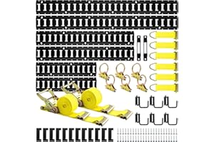 Elechomes E Track Tie-Down Rail Kit：88 Pcs Set Etrack kit 6 Rails, 2 Ratchet Straps, 6 Rope Tie Offs, 6 O Ring Anchors, 6 J-Hooks, 2 Single Slot, 12 End Caps for Garages Vans Trailers Motorcycle