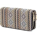 Nabegum Women's Boho Western Wallet Canvas Ladies Girls Slim Purse Credit Card Holder (Double Zippers Bohemian)