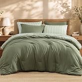 Queen Comforter Set with Sheets-7 Pieces Soft Recycled Bed in a Bag Bedding | All Seasons Queen Size Comforter with Printed Striped Sheets Bed Set, 2 Pillow Shams &amp; 2 Pillowcases, Olive Green
