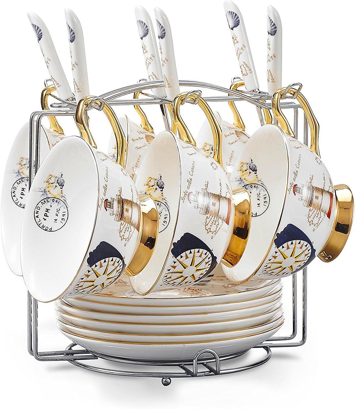 TouchLife Pack of 6 Bone China Teacups/Coffee Cups & Saucers Sets with Spoons-6.7Oz, for Home, Restaurants, Display & Holiday Gift,White&Golden,With Bracket(6 Sets)