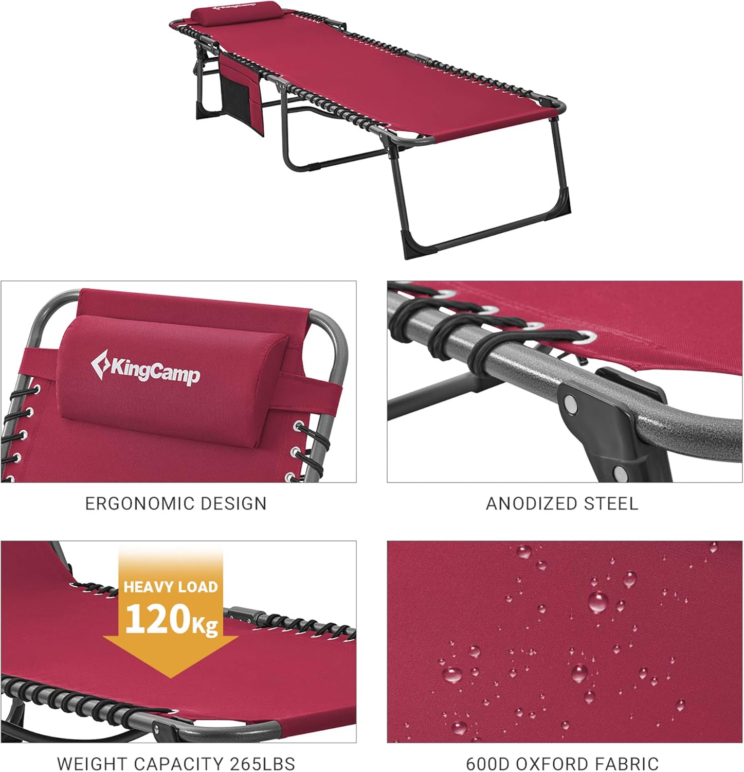 KingCamp Adjustable 4-Position Outdoor Chaise Lounge Chair Heavy Duty Camping Recliner Folding Cot with Pillow Pocket for Patio Garden Yard Lawn Sunbathing Beach Pool, Supports 265lbs: Sports & Outdoors
