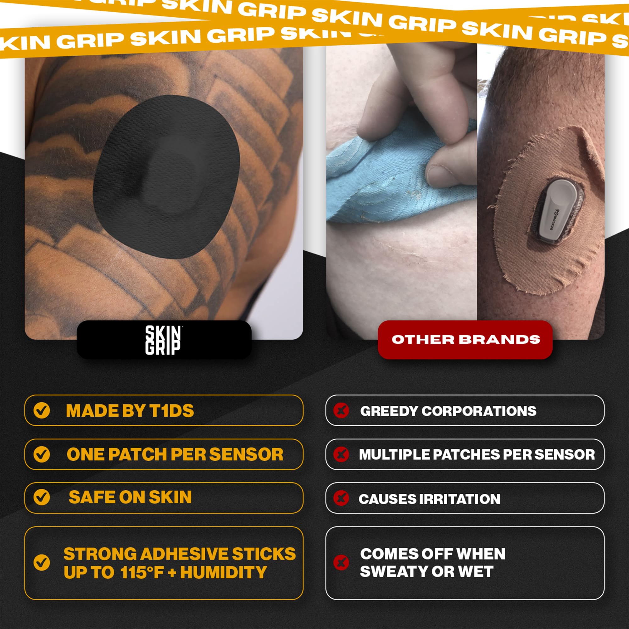 Skin Grip Adhesive Patches for Freestyle Libre 2 & Lingo CGM – Waterproof & Sweatproof for 10-14 Days, Pre-Cut Adhesive Medical Tape, Sensor Cover – 20 Pack, Black
