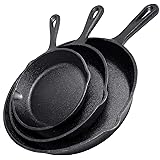 Simple Chef Cast Iron Skillet 3-Piece Set - Best Heavy-Duty Professional Restaurant Chef Quality Pre-Seasoned Pan Cookware Se