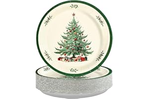 GRENCIAN 50Pcs Christmas Tree Party Supplies 9" Large Heavy Duty Xmas Trees Paper Plates Disposable Winter Green Border Christmas Trees Dinner Plates for Xmas Winter Holiday Birthday Party Decorations