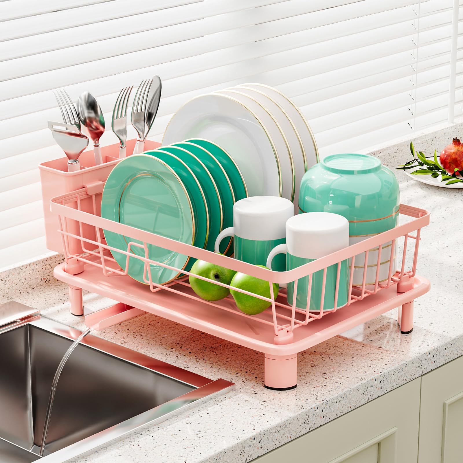 Photo 1 of GAOKASE Dish Drying Rack, Space-Saving Dish Rack, Dish Racks for Kitchen Counter, Kitchen Dish Drainers with Removable Utensil Holder,Plate Rack and Drainboard, 11''W x 15''L, Pink